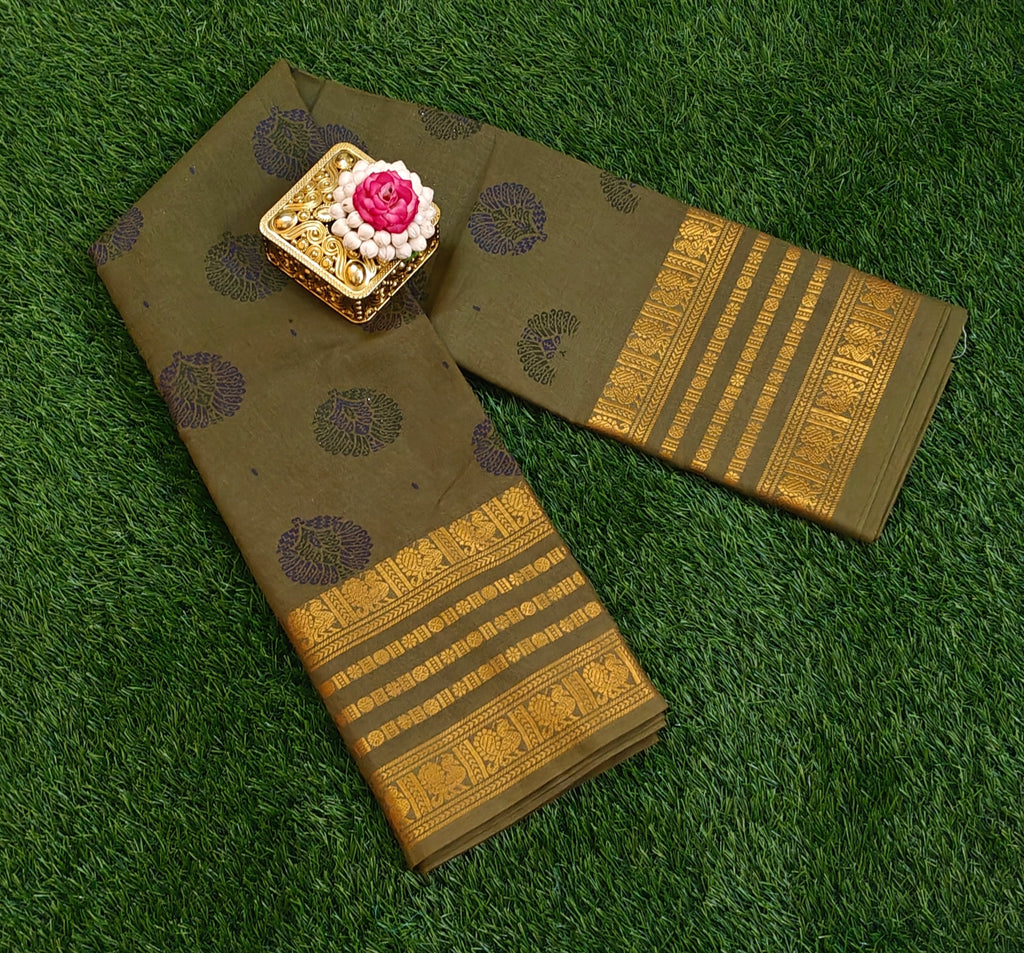 ✨🌿 Olive Green Saree with Purple Motifs & Grand Golden Zari Border 🌿✨