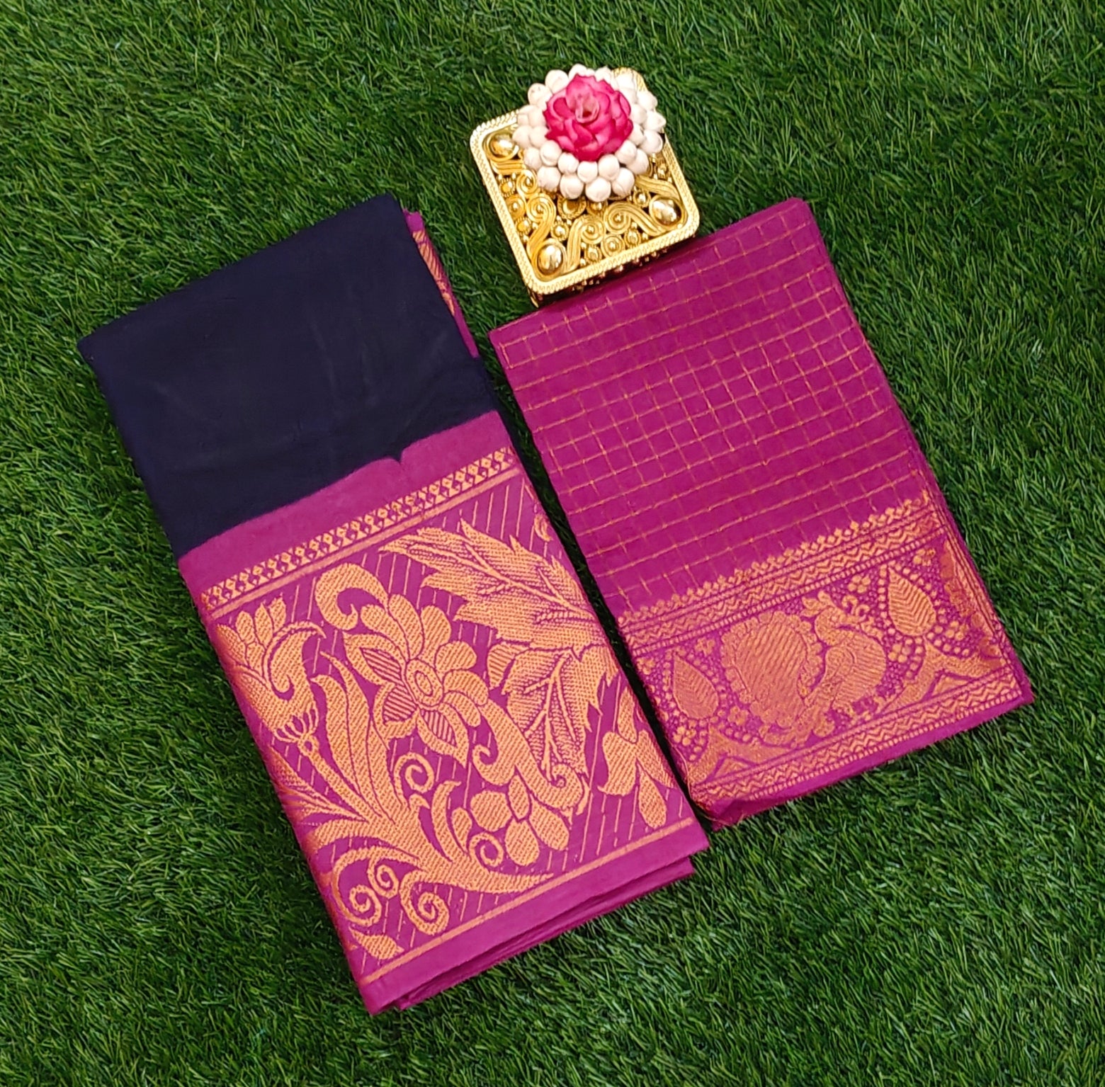 💜✨ Purple Checked Saree with Contrast Black Blouse & Rich Zari Work ✨💜