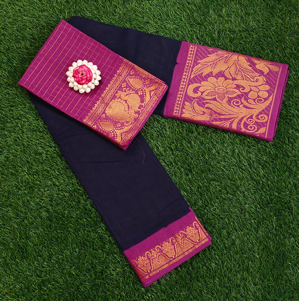 💜✨ Purple Checked Saree with Contrast Black Blouse & Rich Zari Work ✨💜