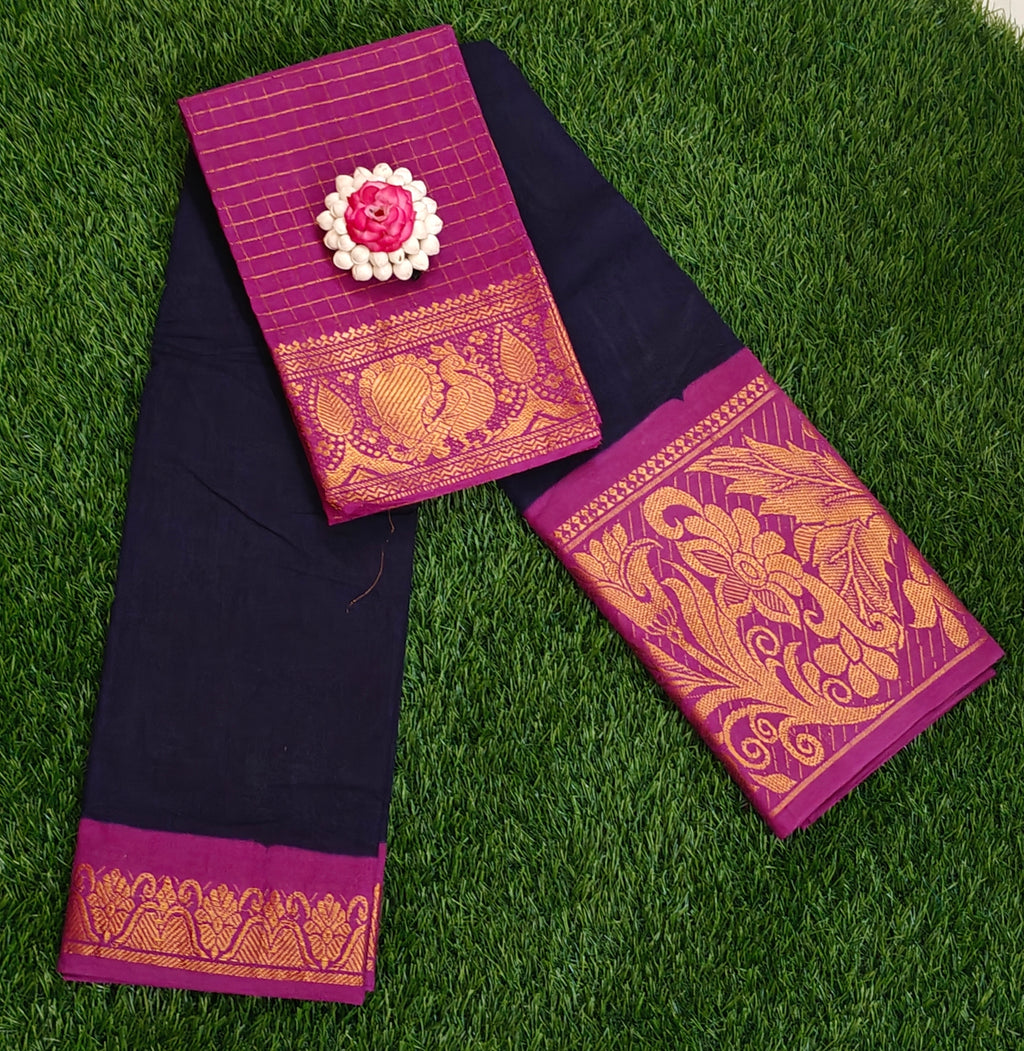 💜✨ Purple Checked Saree with Contrast Black Blouse & Rich Zari Work ✨💜