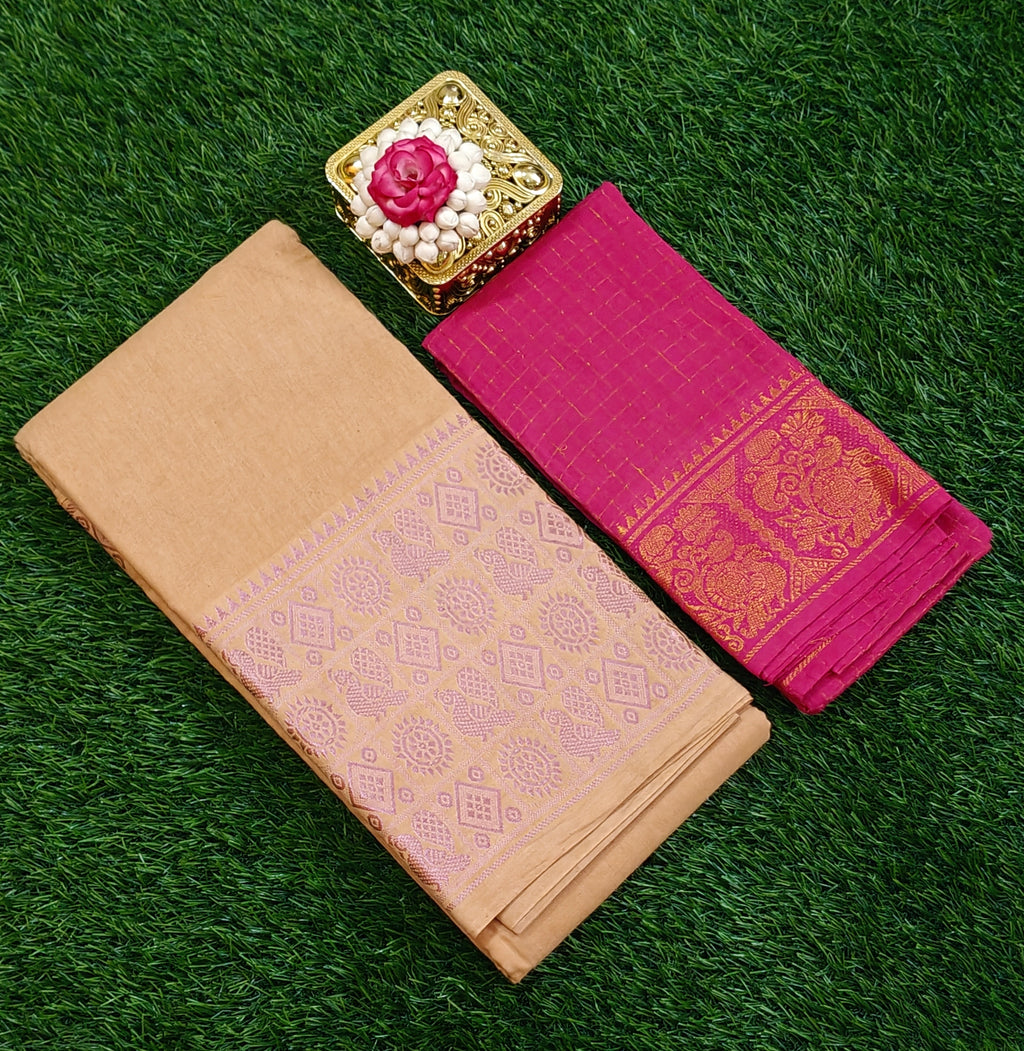 ✨ Elegant Beige Saree with Contrast Pink Zari Blouse & Rich Pallu ✨