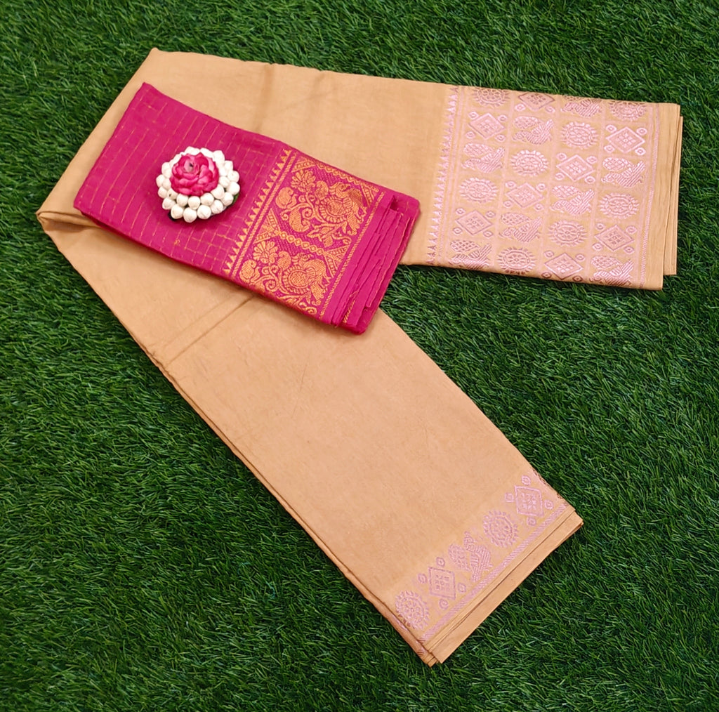 ✨ Elegant Beige Saree with Contrast Pink Zari Blouse & Rich Pallu ✨