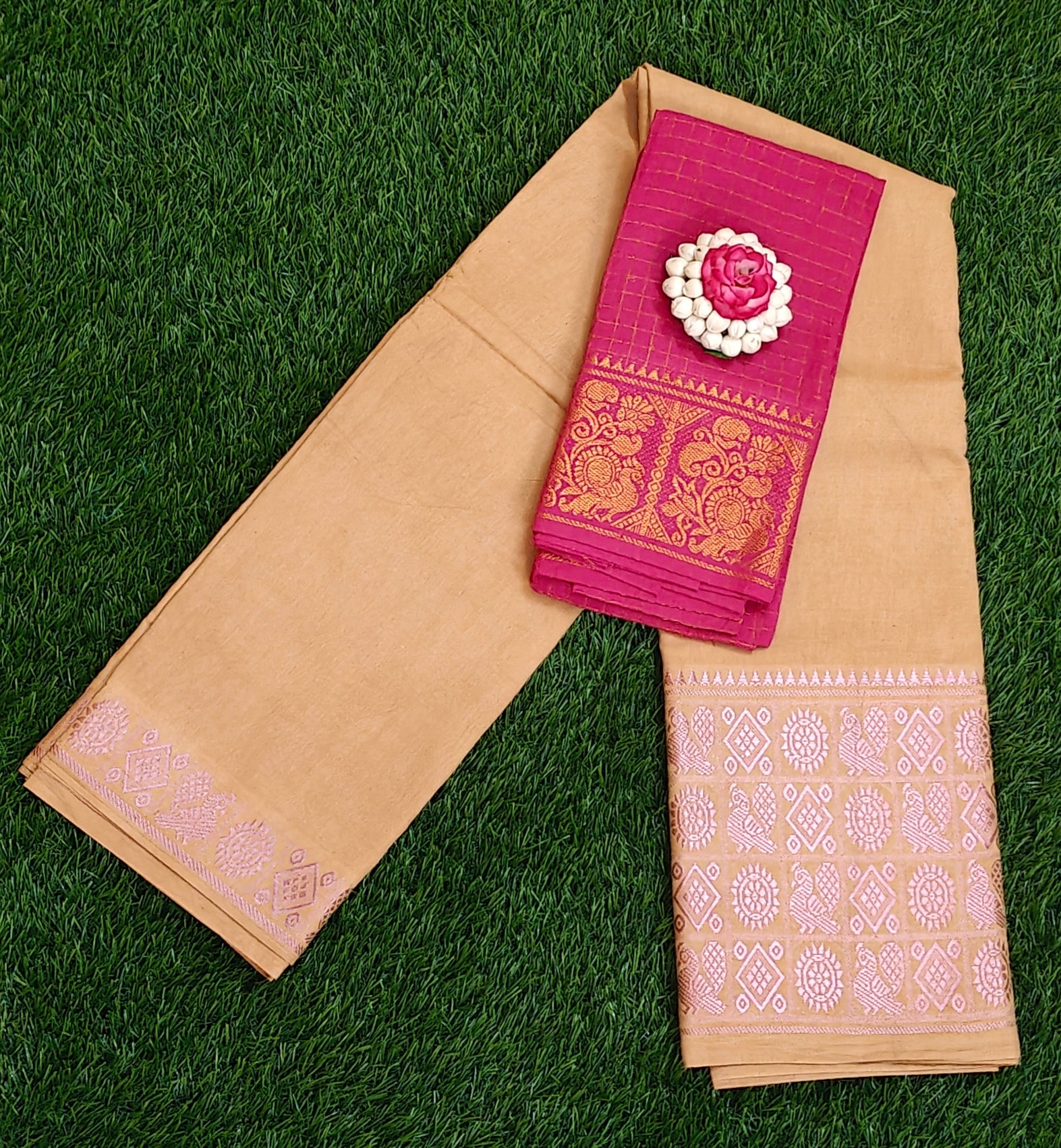 ✨ Elegant Beige Saree with Contrast Pink Zari Blouse & Rich Pallu ✨