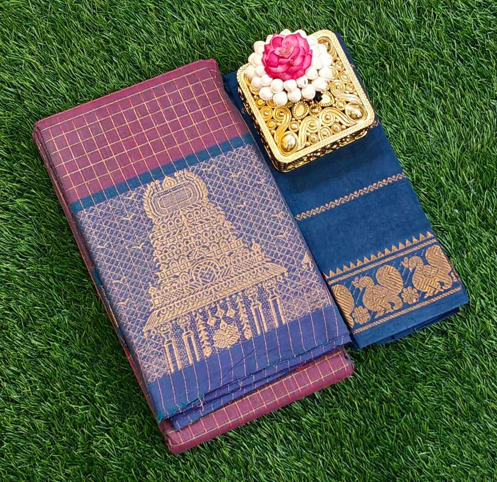 💜💙 Purple Checks Saree with Contrast Blue Zari Pallu & Peacock Blouse