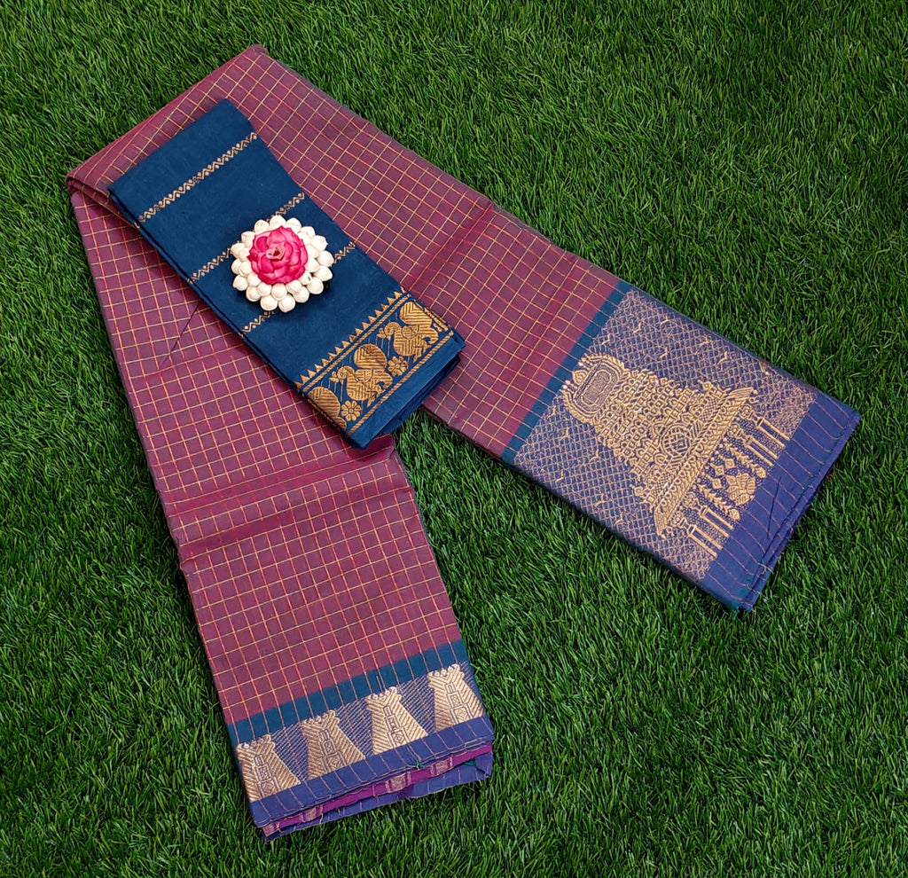 💜💙 Purple Checks Saree with Contrast Blue Zari Pallu & Peacock Blouse