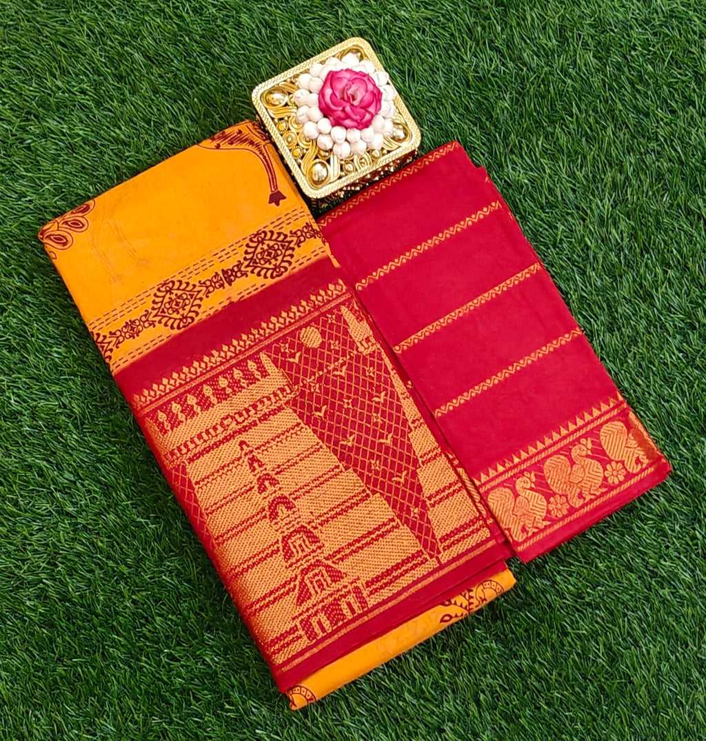 🧡 Mustard Cotton Saree with Contrast Maroon Blouse & Temple Border