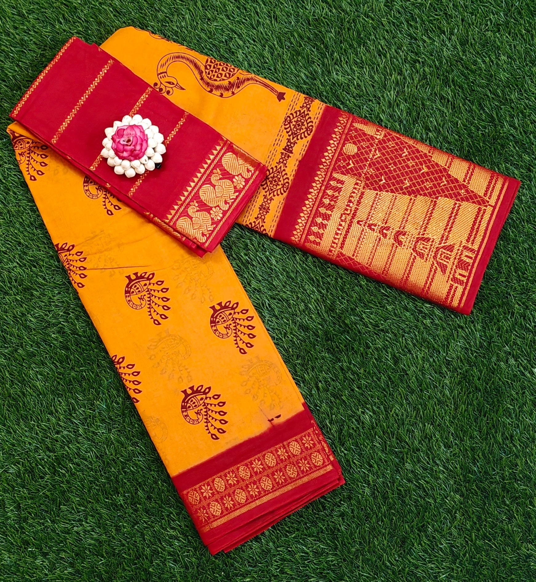 🧡 Mustard Cotton Saree with Contrast Maroon Blouse & Temple Border