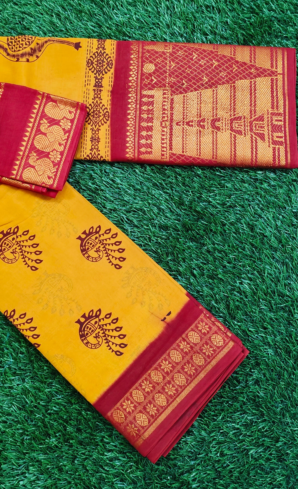 🧡 Mustard Cotton Saree with Contrast Maroon Blouse & Temple Border