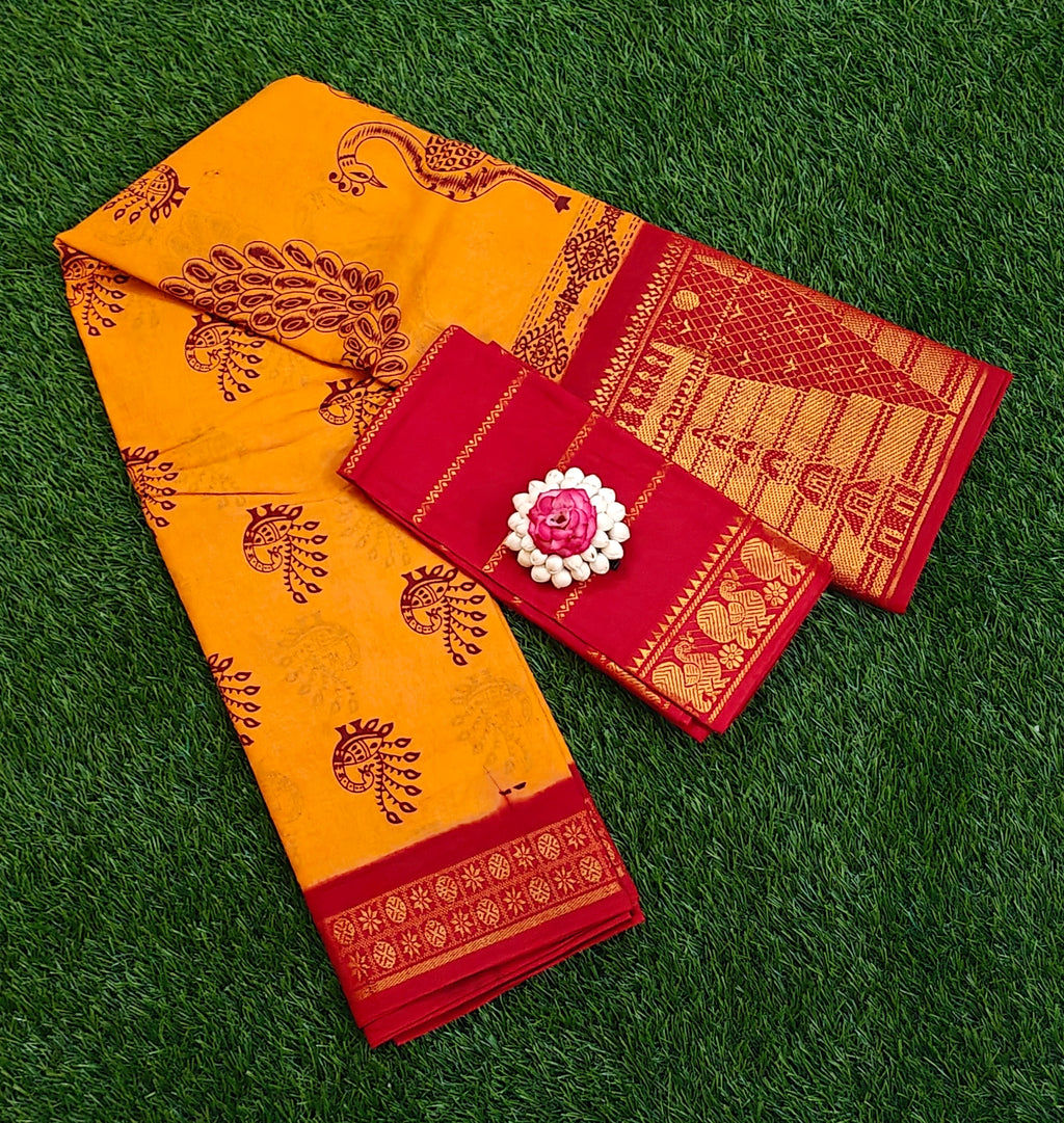 🧡 Mustard Cotton Saree with Contrast Maroon Blouse & Temple Border