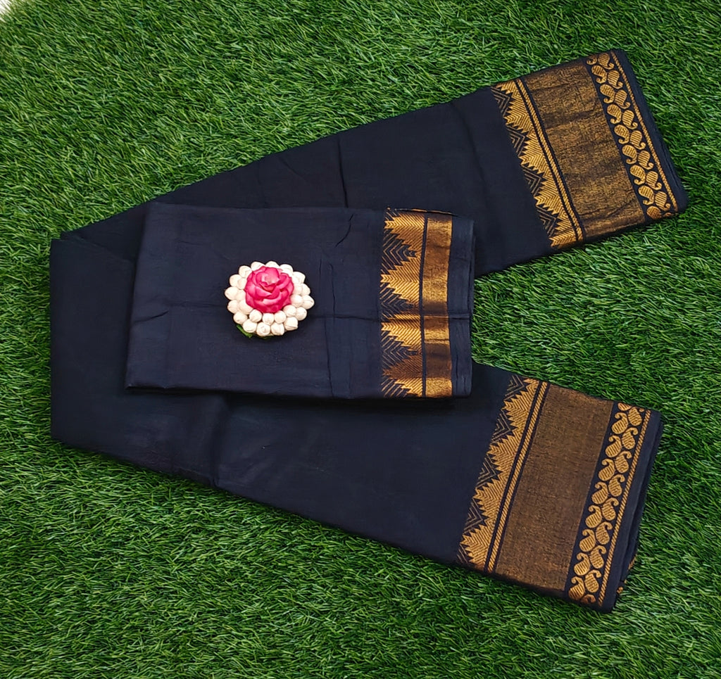 🖤 Elegant Black Saree with Rich Golden Zari Border 🖤