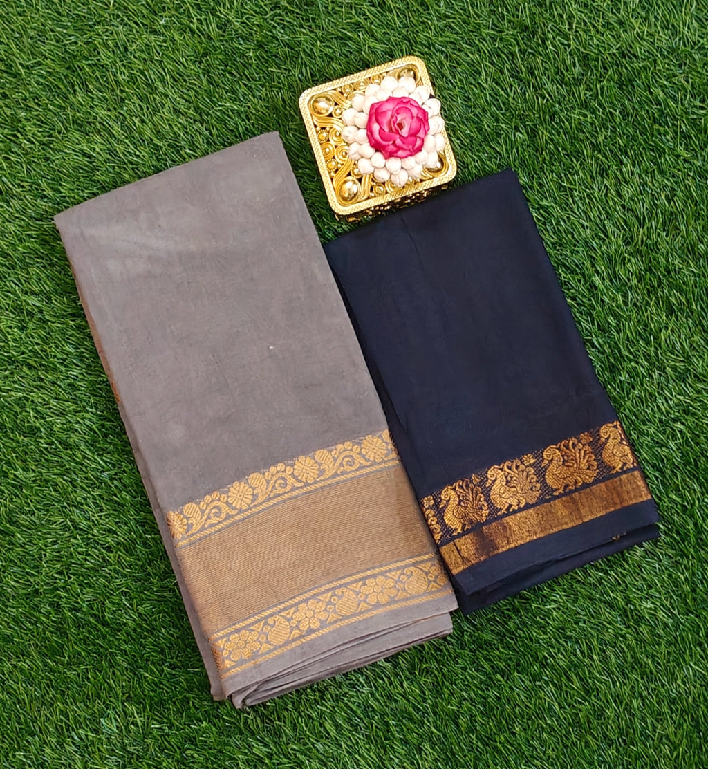 🖤 Grey Cotton Saree with Contrast Black Blouse & Elegant Golden Zari Border
