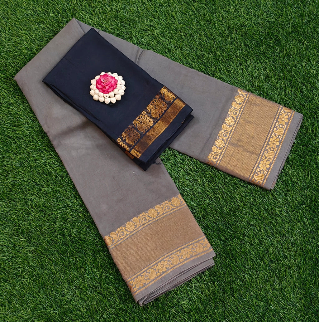 🖤 Grey Cotton Saree with Contrast Black Blouse & Elegant Golden Zari Border