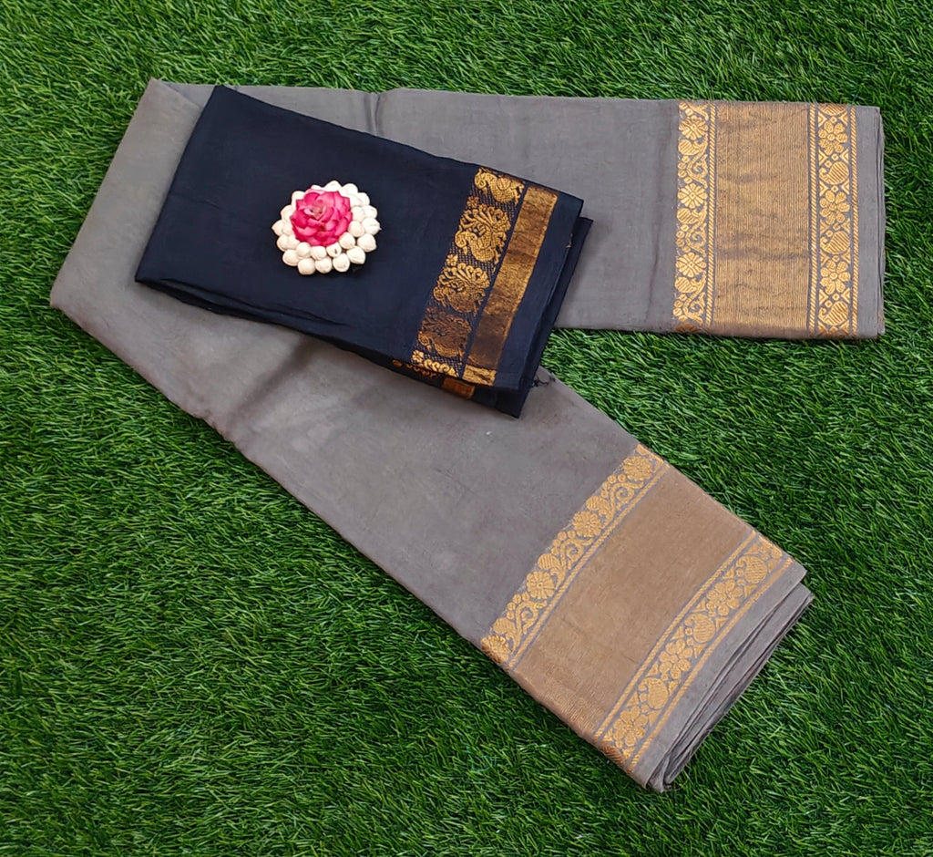 🖤 Grey Cotton Saree with Contrast Black Blouse & Elegant Golden Zari Border