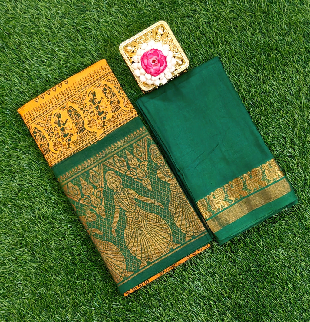 Olive Green Printed Cotton Saree with Maroon Zar Border