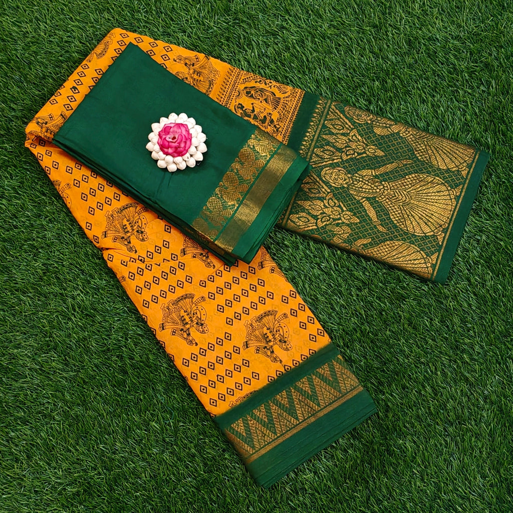 🌼 Elegant Mustard & Green Traditional Saree 🌼