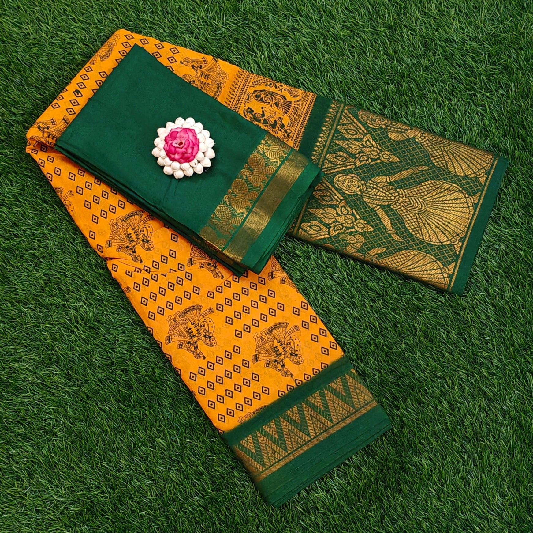 Olive Green Printed Cotton Saree with Maroon Zar Border