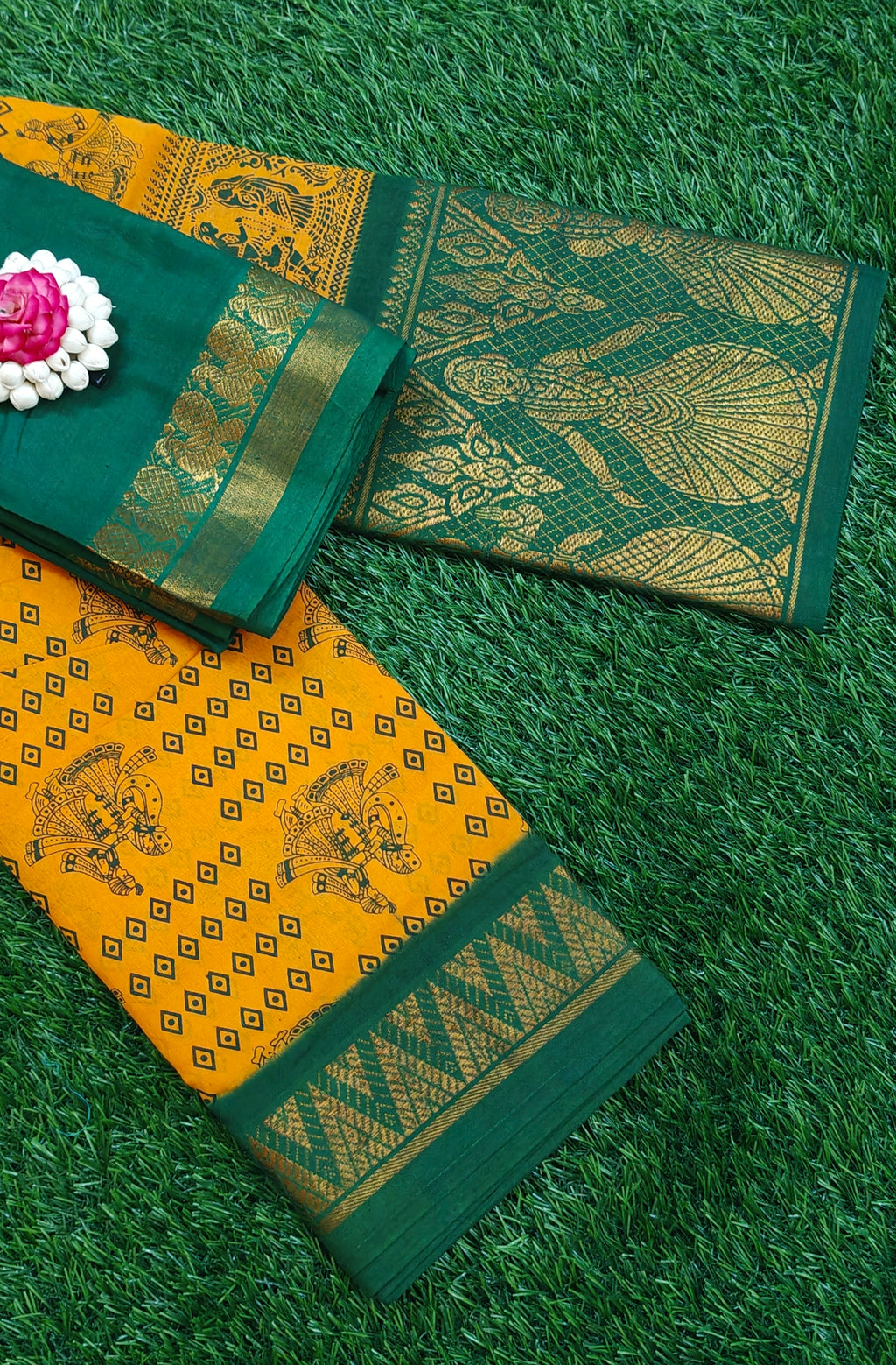 🌼 Elegant Mustard & Green Traditional Saree 🌼