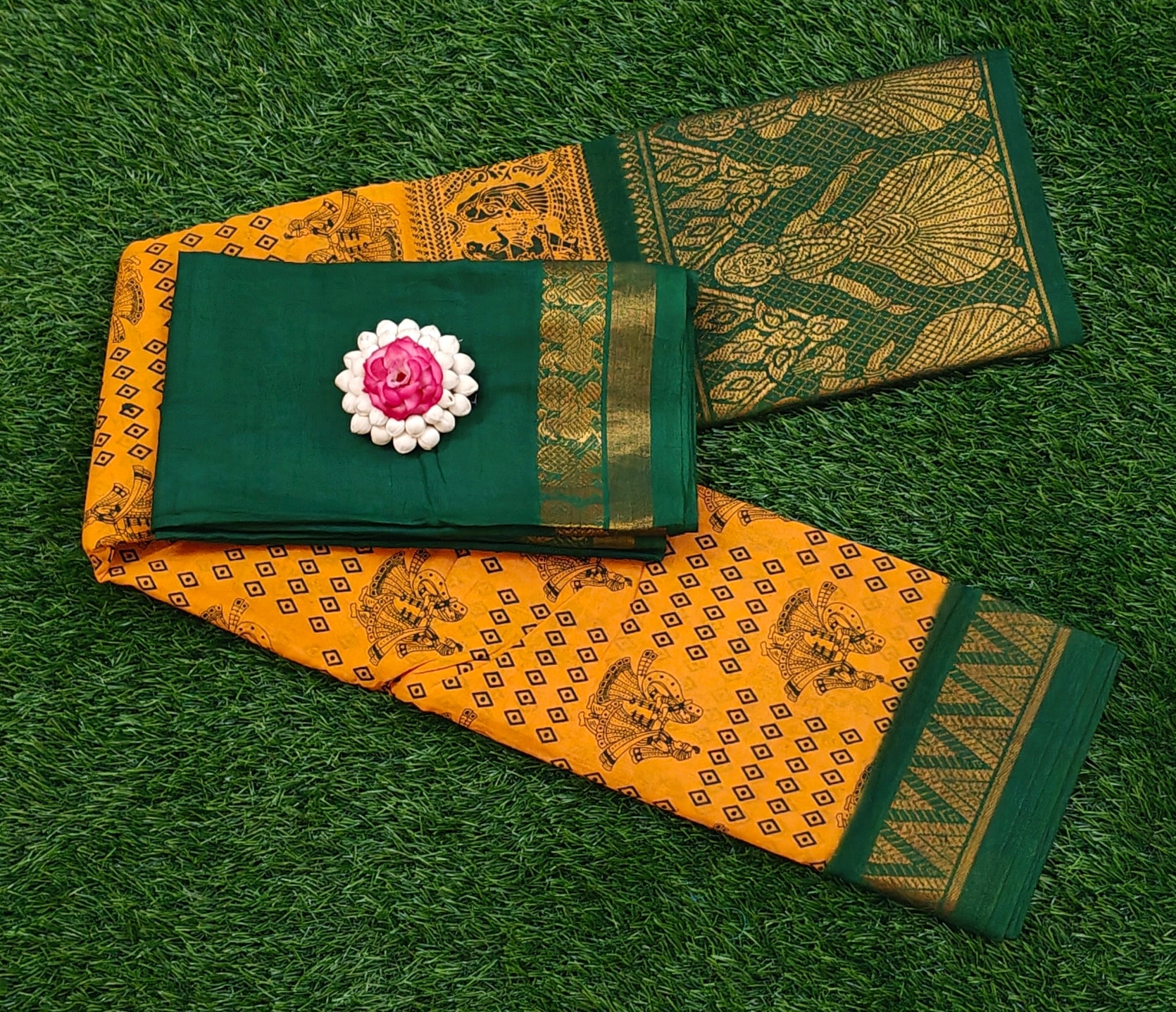 Olive Green Printed Cotton Saree with Maroon Zar Border