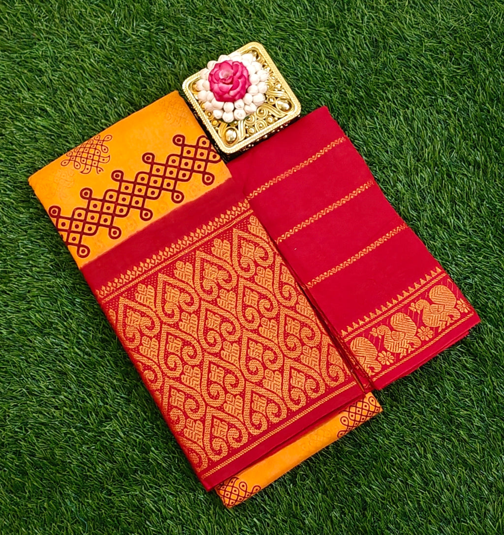 🧡 Maroon & Mustard Cotton Saree with Elegant Kolam Border