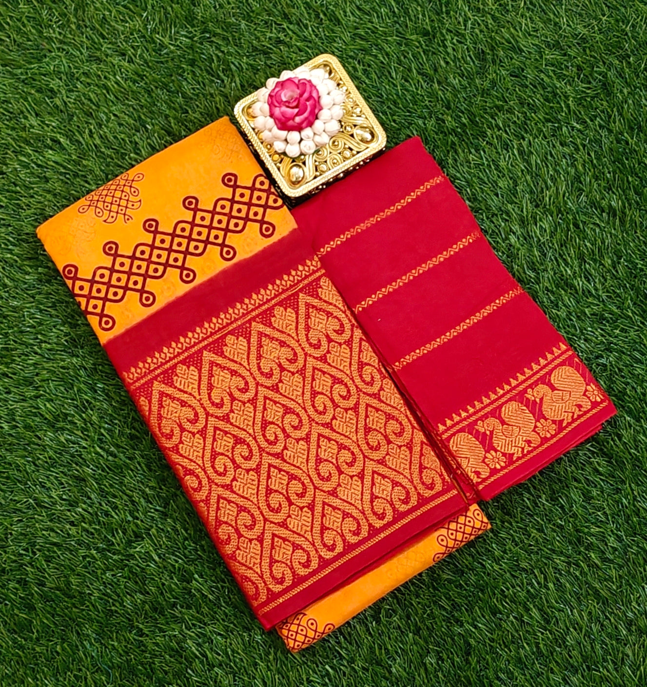 🧡 Maroon & Mustard Cotton Saree with Elegant Kolam Border