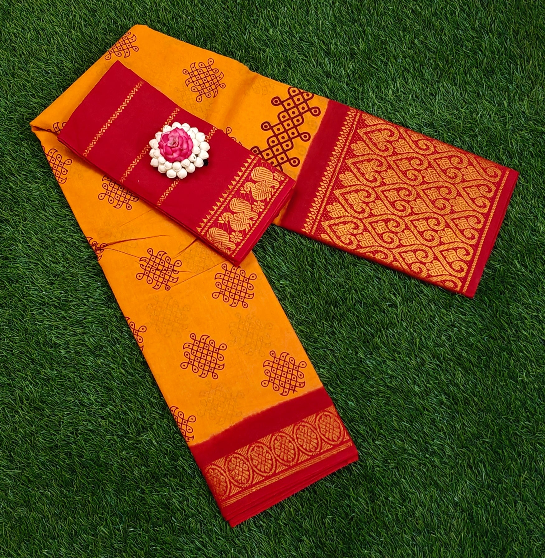 🧡 Maroon & Mustard Cotton Saree with Elegant Kolam Border