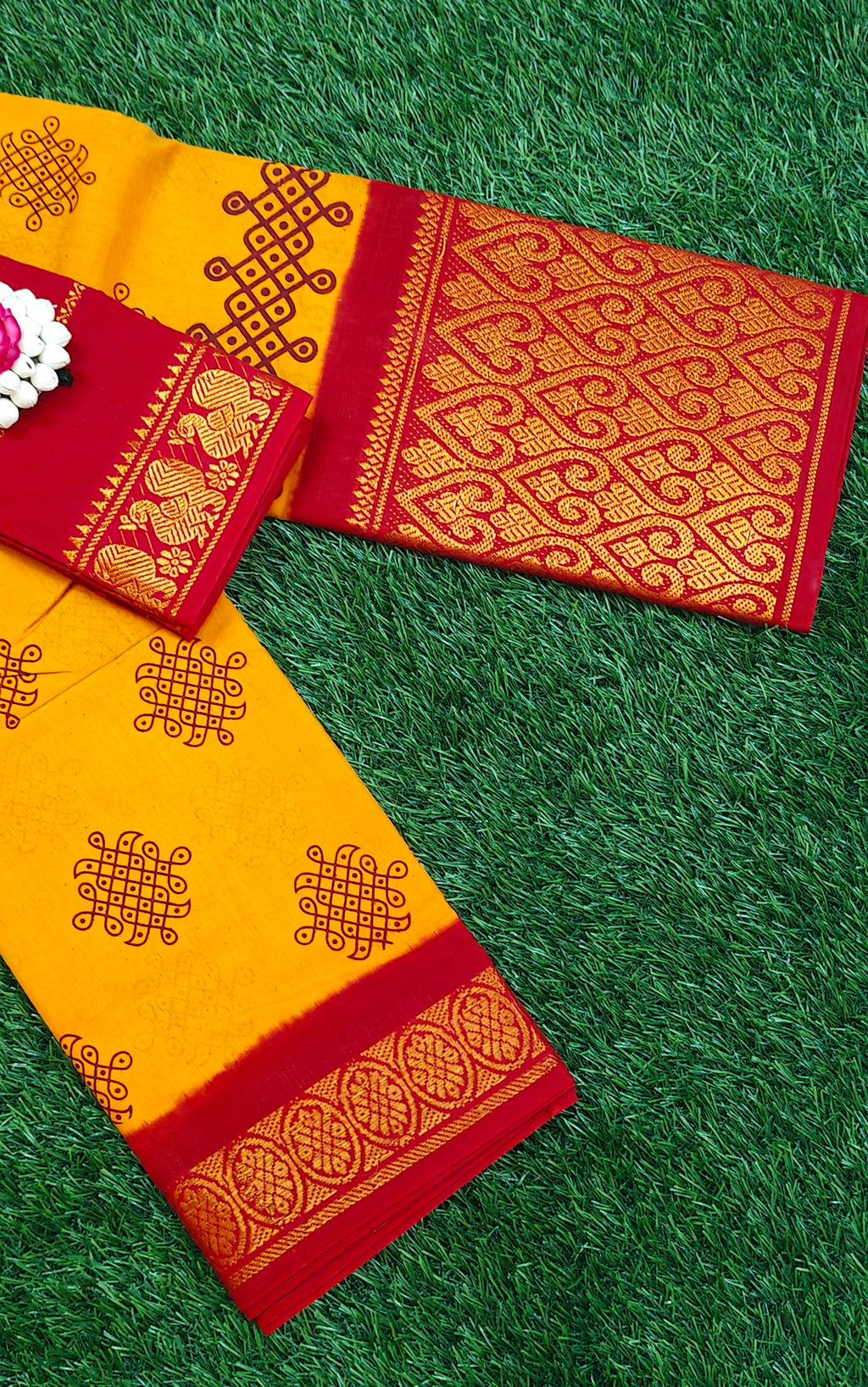 🧡 Maroon & Mustard Cotton Saree with Elegant Kolam Border