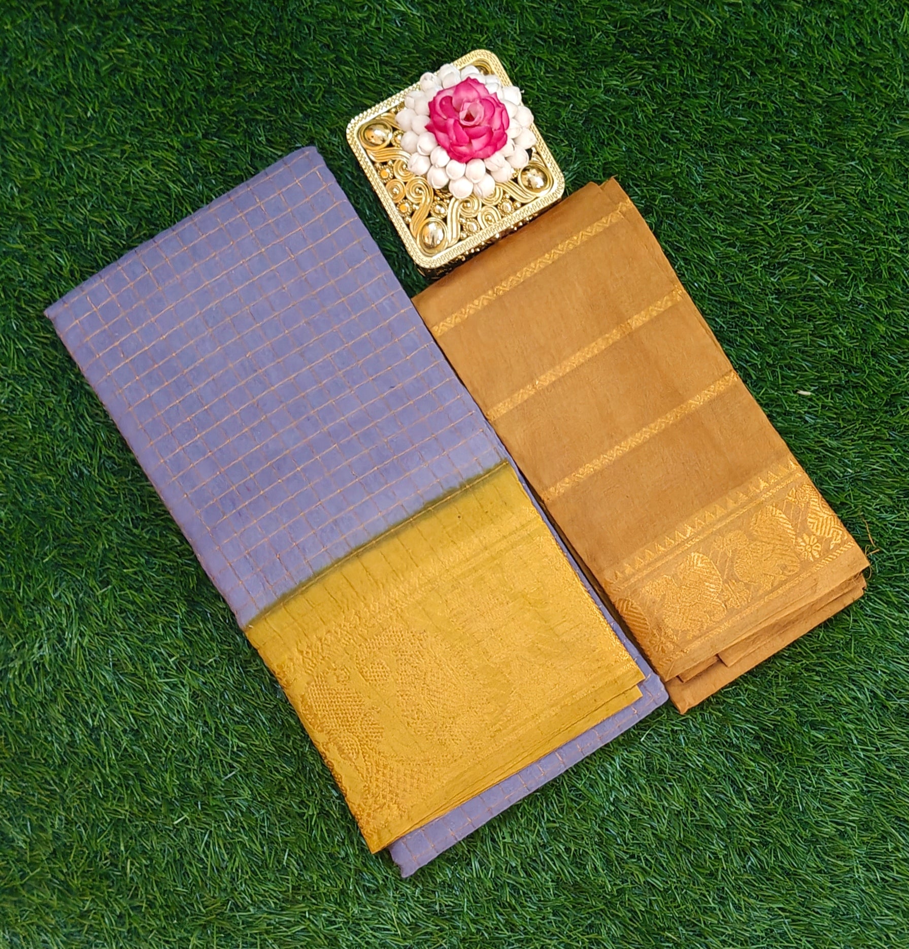 💜 Elegant Lavender & Mustard Cotton Saree with Golden Border