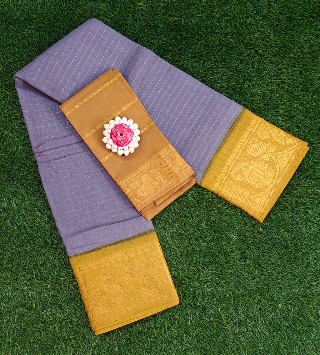 💜 Elegant Lavender & Mustard Cotton Saree with Golden Border
