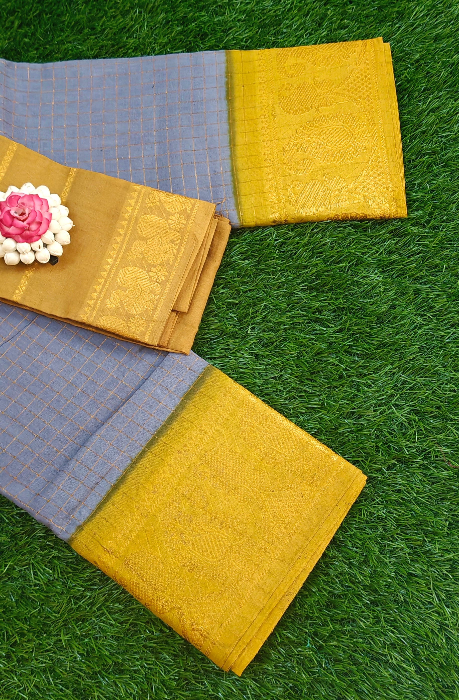 💜 Elegant Lavender & Mustard Cotton Saree with Golden Border