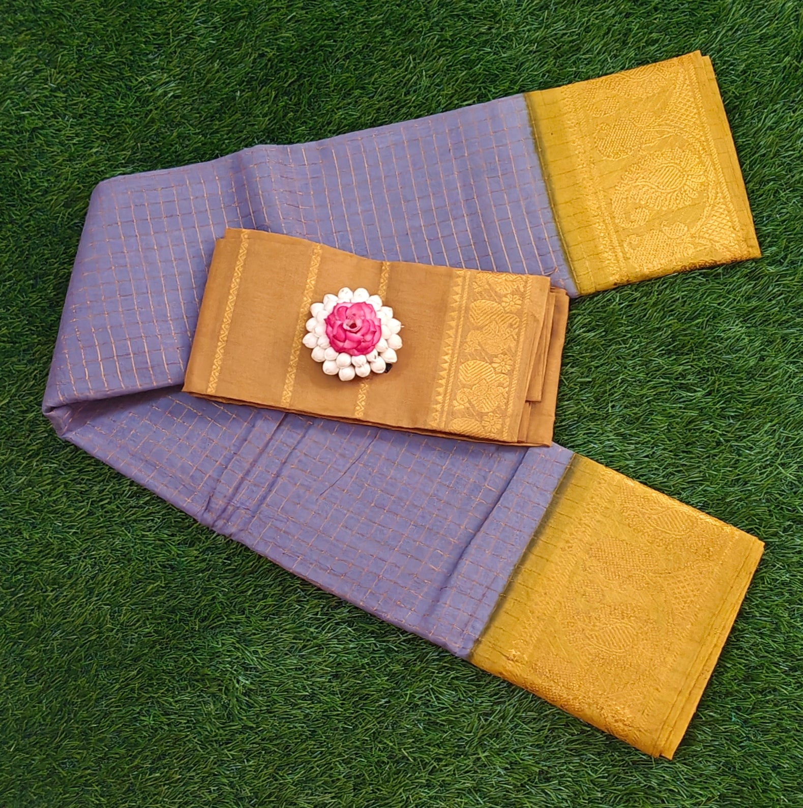 💜 Elegant Lavender & Mustard Cotton Saree with Golden Border