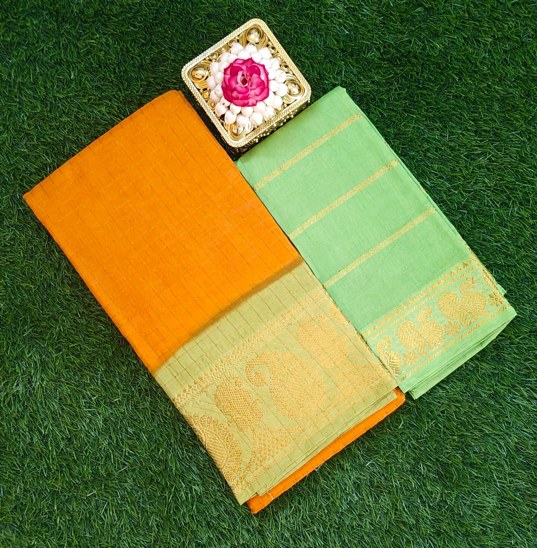 🧡💚 Orange Checked Saree with Contrast Light Green Zari Blouse & Border 💚🧡
