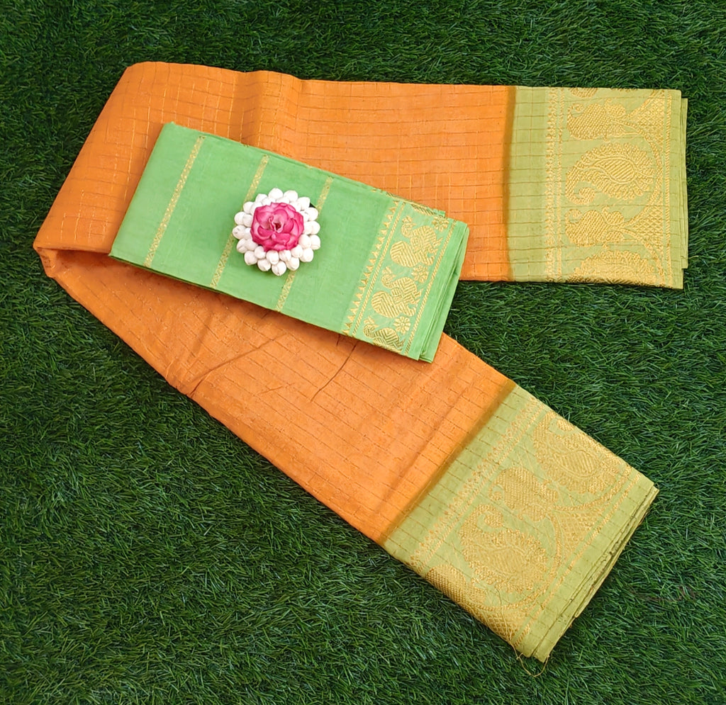 🧡💚 Orange Checked Saree with Contrast Light Green Zari Blouse & Border 💚🧡