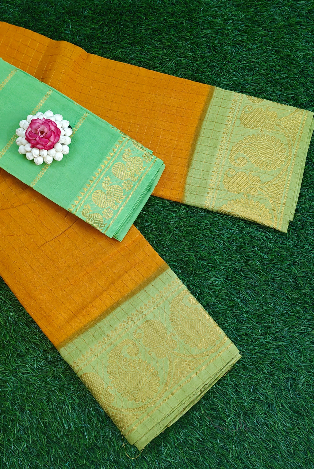 🧡💚 Orange Checked Saree with Contrast Light Green Zari Blouse & Border 💚🧡