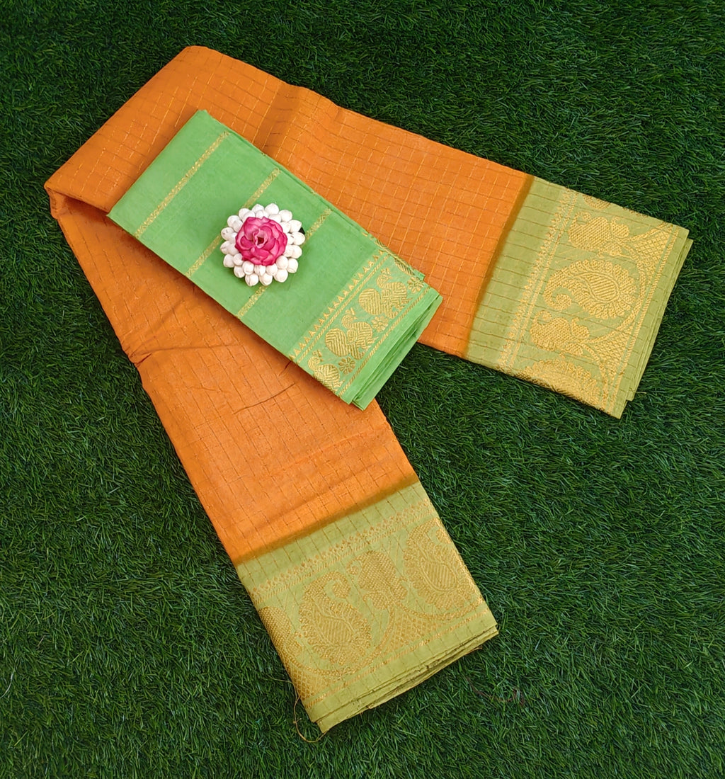 🧡💚 Orange Checked Saree with Contrast Light Green Zari Blouse & Border 💚🧡