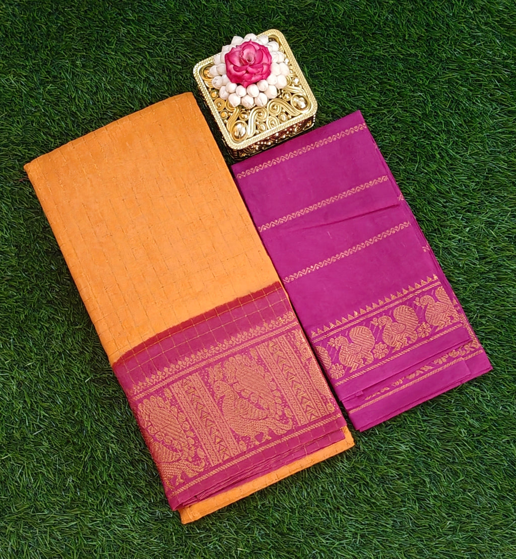 🧡 Orange & Pink Cotton Saree with Rich Golden Border