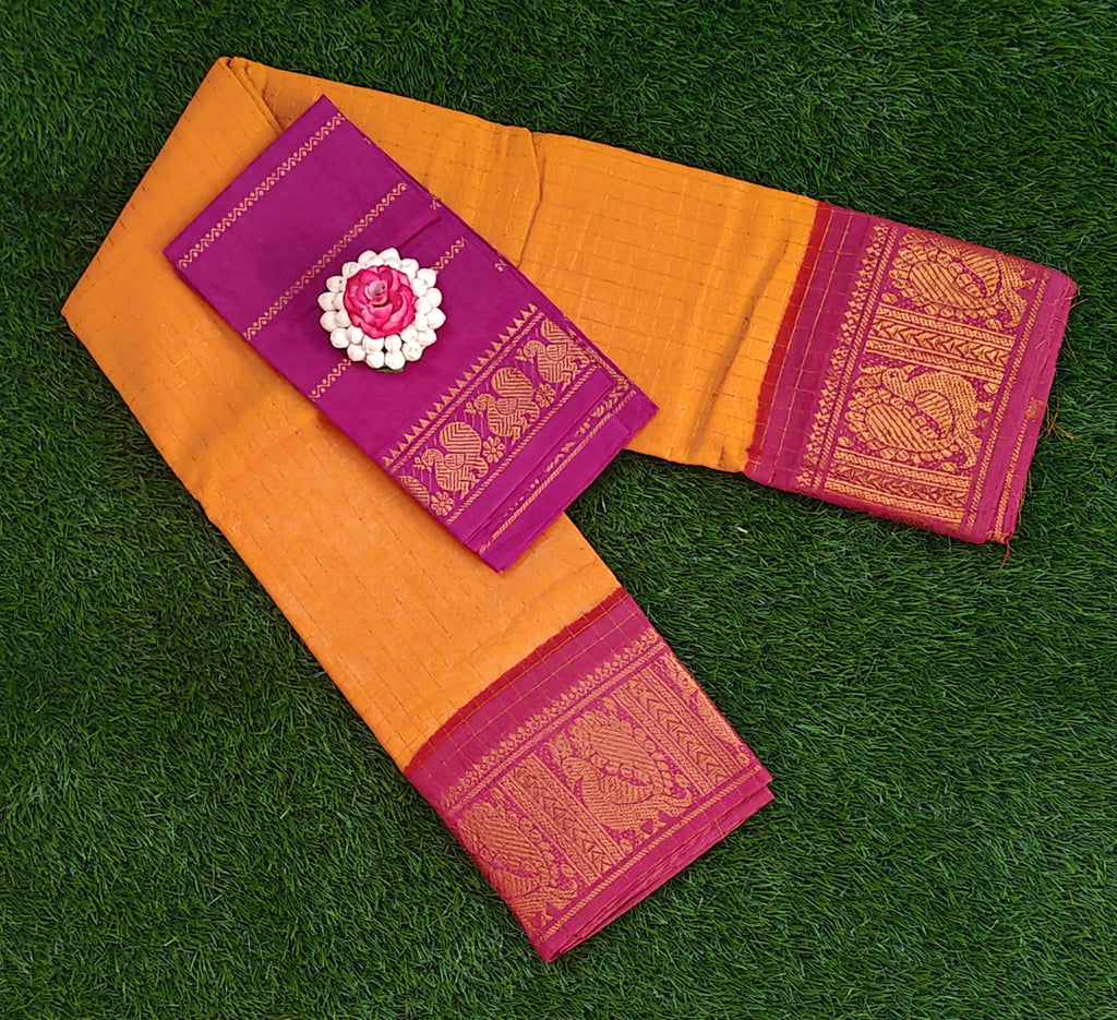 🧡 Orange & Pink Cotton Saree with Rich Golden Border