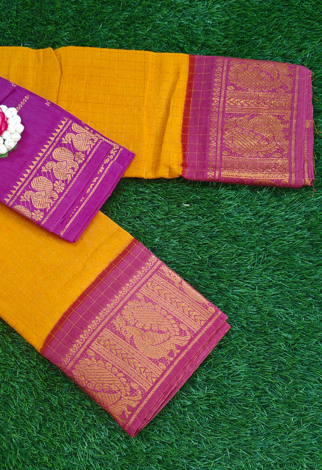🧡 Orange & Pink Cotton Saree with Rich Golden Border