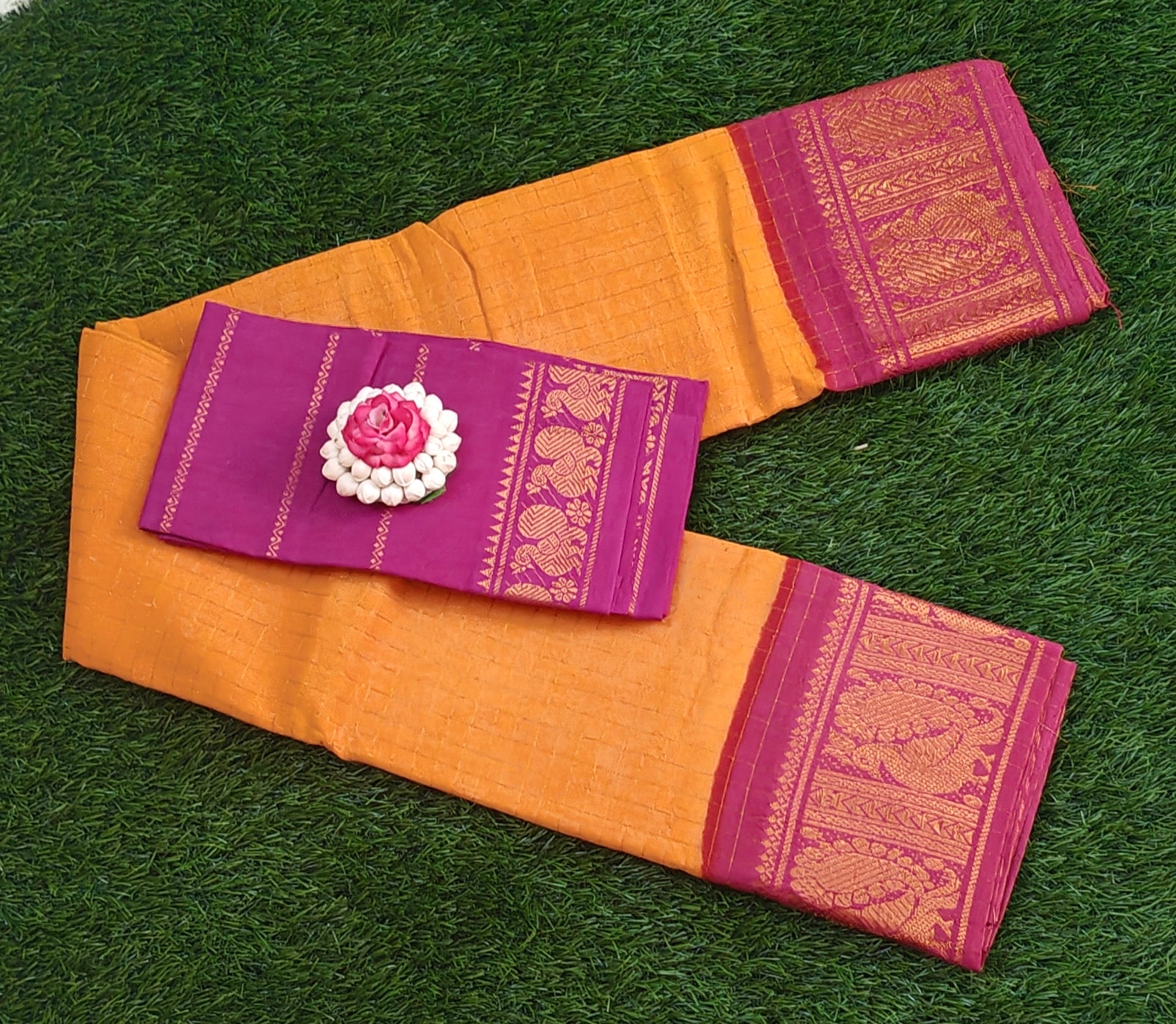 🧡 Orange & Pink Cotton Saree with Rich Golden Border