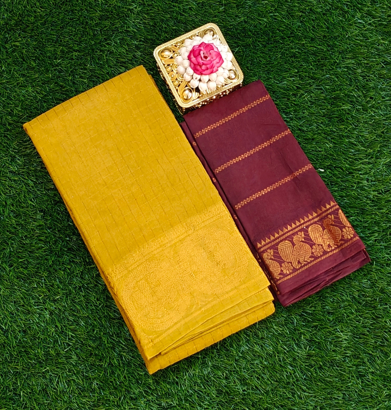 💛 Mustard Yellow Cotton Saree with Maroon Blouse