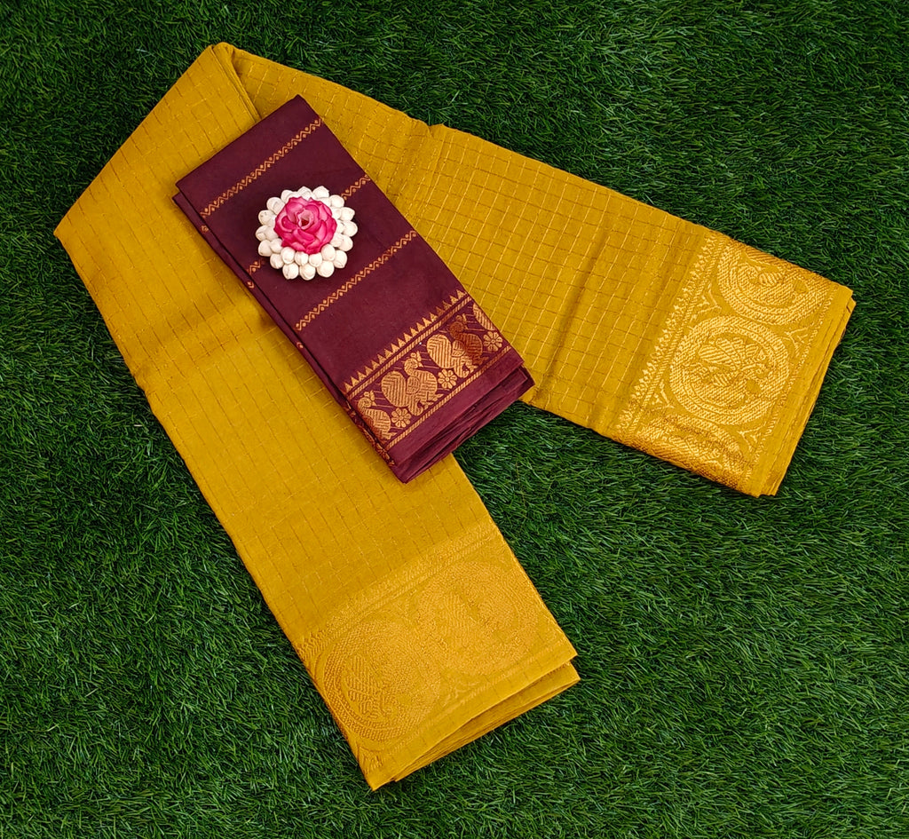 💛 Mustard Yellow Cotton Saree with Maroon Blouse