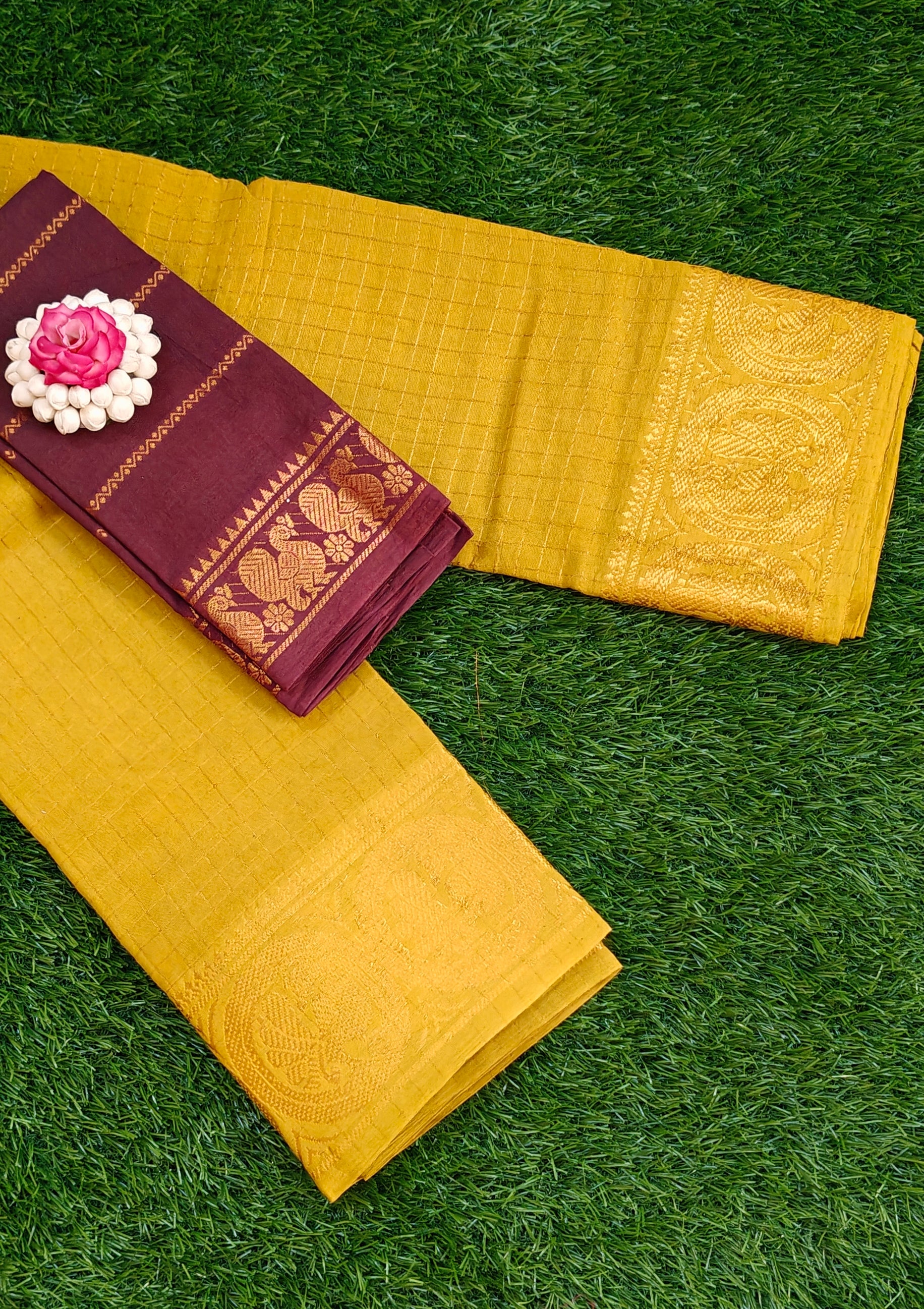💛 Mustard Yellow Cotton Saree with Maroon Blouse