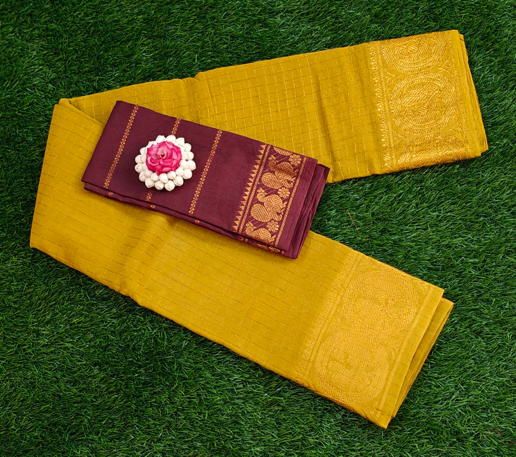 💛 Mustard Yellow Cotton Saree with Maroon Blouse