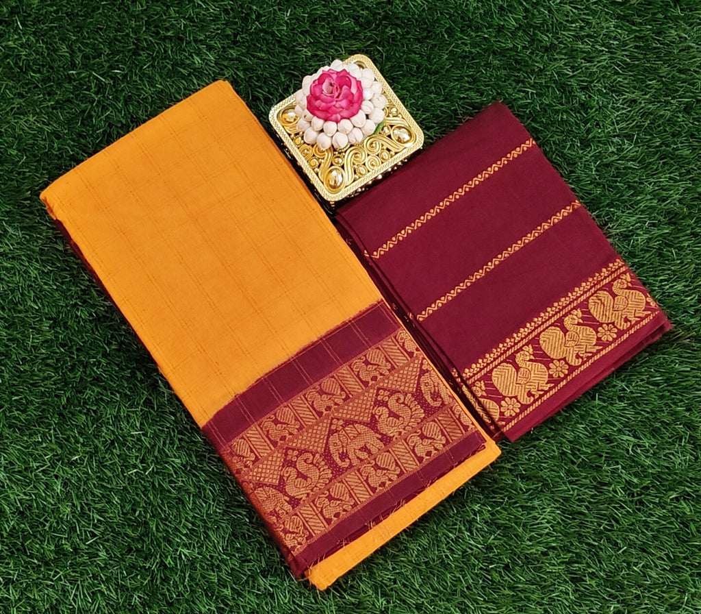 💛 Mustard Cotton Saree with Contrast Maroon Blouse & Rich Peacock Border