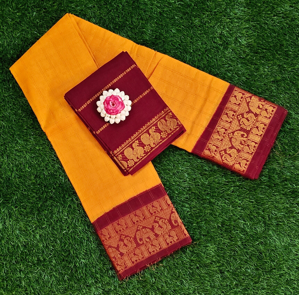 💛 Mustard Cotton Saree with Contrast Maroon Blouse & Rich Peacock Border