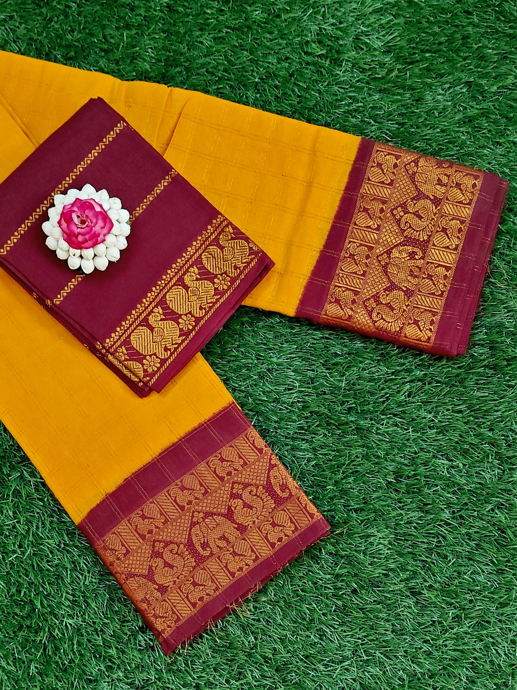 💛 Mustard Cotton Saree with Contrast Maroon Blouse & Rich Peacock Border