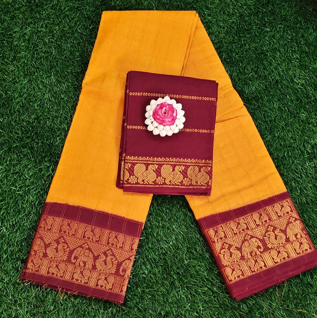 💛 Mustard Cotton Saree with Contrast Maroon Blouse & Rich Peacock Border