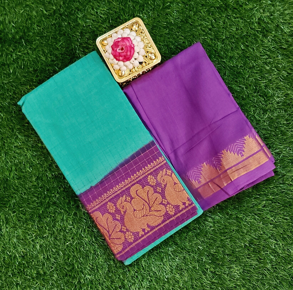 💚💜 Sea Green Checked Saree with Contrast Purple Zari Border & Blouse 💜💚