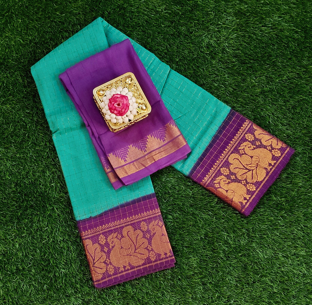 💚💜 Sea Green Checked Saree with Contrast Purple Zari Border & Blouse 💜💚