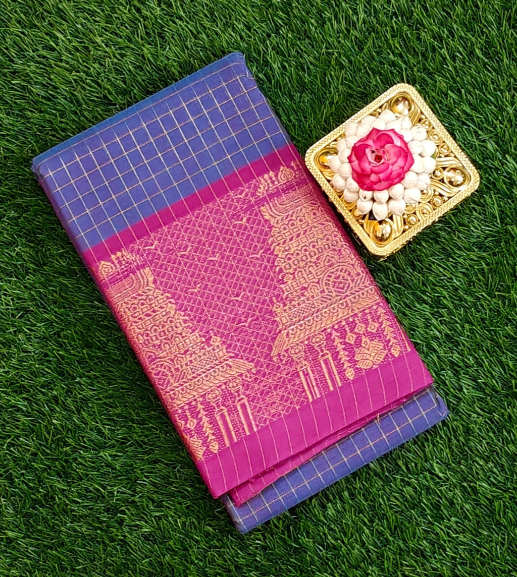 💙💗 Blue Checked Saree with Pink Temple Zari Border & Pallu 💗💙