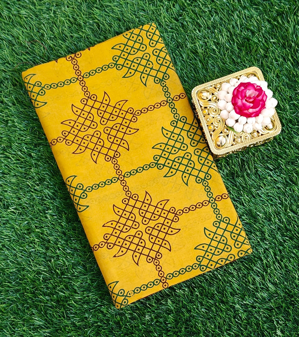 💛 Mustard Cotton Saree with Maroon Pallu & Traditional Kolam Print Design